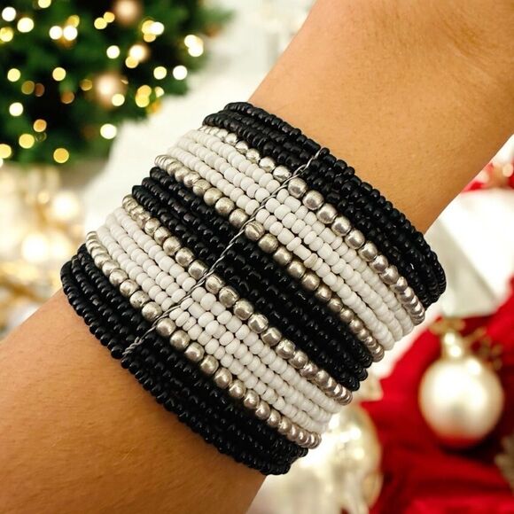 NWT Stephan & Co. Beaded Thick Cuff Bracelet Black White Silver Stripes - Picture 3 of 6